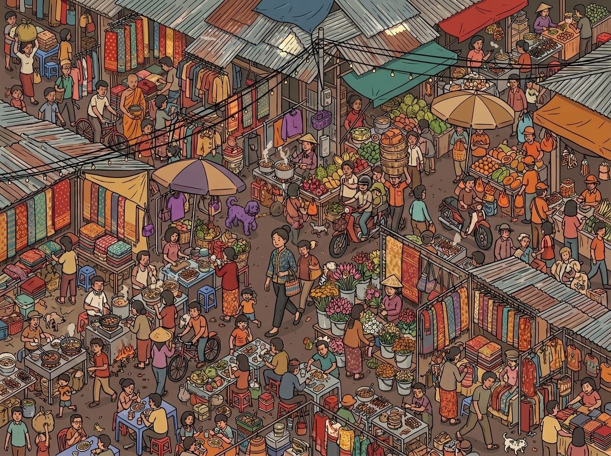 Illustrated scene of everyday life in Phnom Penh